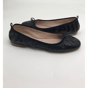 Miu Miu Leather Ballet Bow Rhinestone Heel Flat Shoe Black Size 41